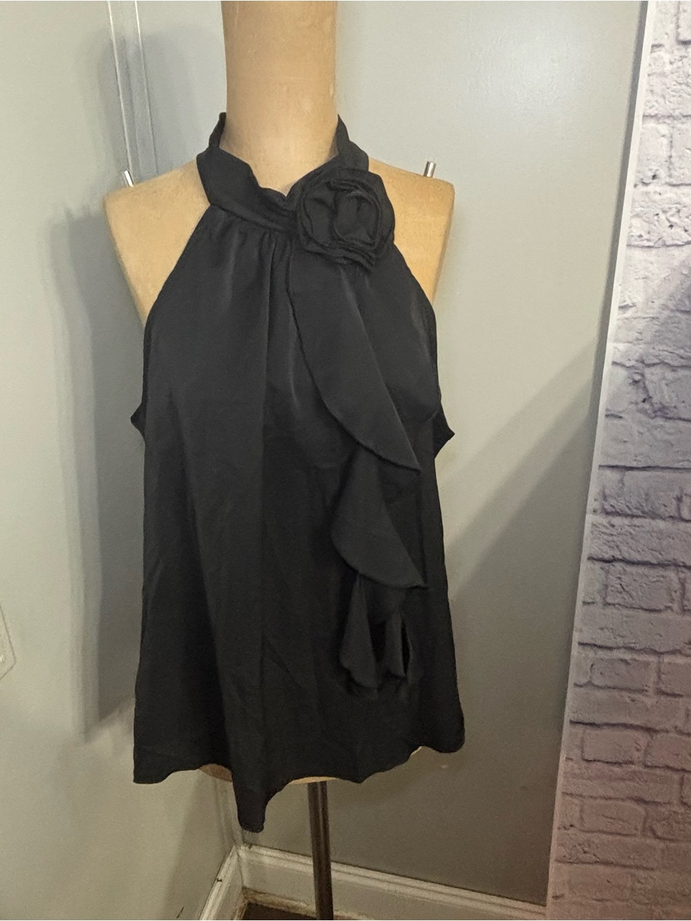 SHEIN Black Halter Ruffle Camisole with Floral Accent